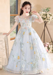 Stylish Blue Embroideried Patchwork Tulle Girls Maxi Dress Summer