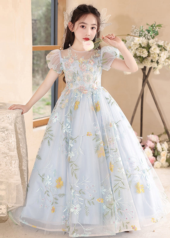 Stylish Blue Embroideried Patchwork Tulle Girls Maxi Dress Summer