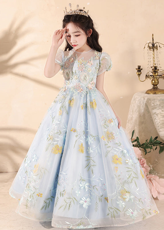 Stylish Blue Embroideried Patchwork Tulle Girls Maxi Dress Summer