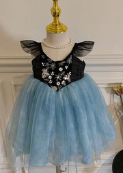 Stylish Blue Embroidered Wrinkled Patchwork Tulle Kids Girls Dress Sleeveless