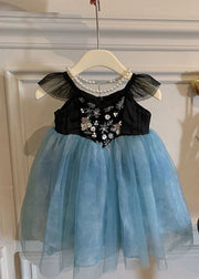 Stylish Blue Embroidered Wrinkled Patchwork Tulle Kids Girls Dress Sleeveless