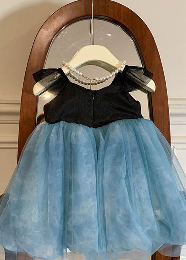 Stylish Blue Embroidered Wrinkled Patchwork Tulle Kids Girls Dress Sleeveless