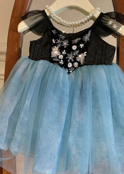 Stylish Blue Embroidered Wrinkled Patchwork Tulle Kids Girls Dress Sleeveless