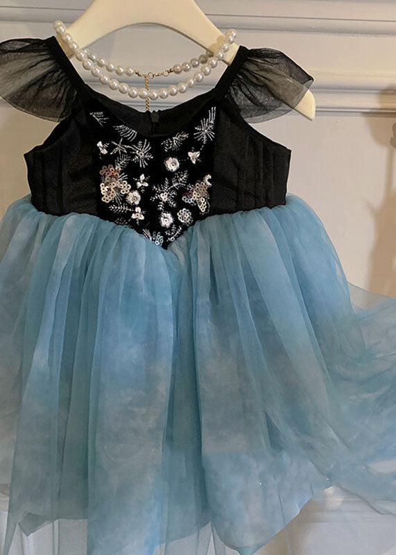 Stylish Blue Embroidered Wrinkled Patchwork Tulle Kids Girls Dress Sleeveless