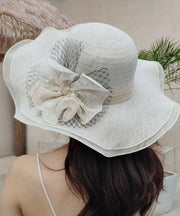 Stylish Blue Floral Nail Bead Linen Floppy Sun Hat