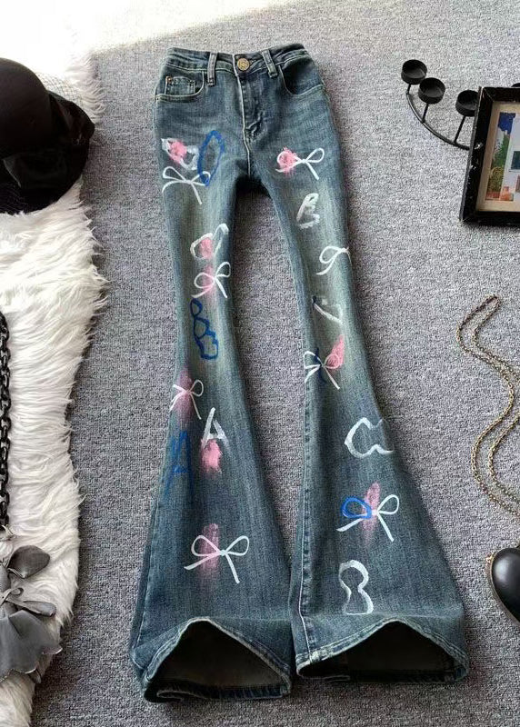 Stylish Blue High Waist Bow Print Denim Flared Trousers Spring