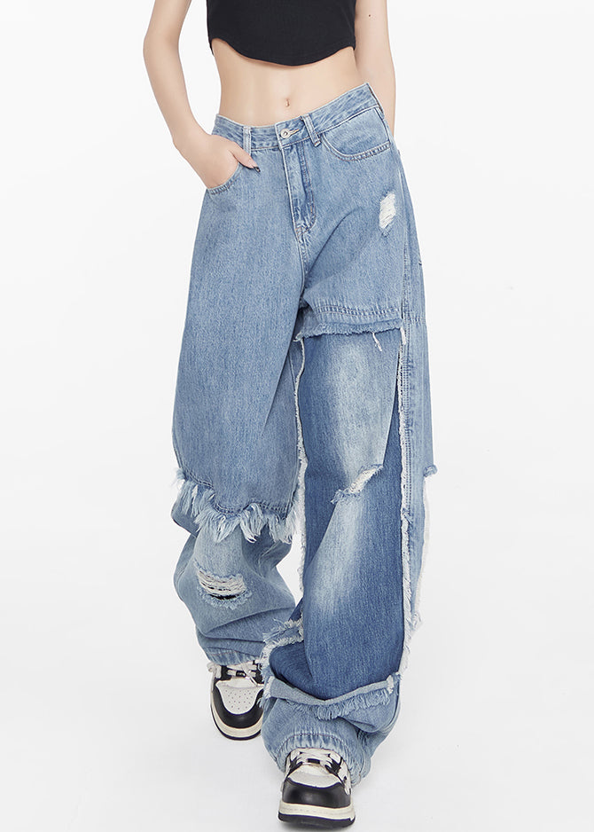 Stylish Blue High Waist Hole Patchwork Denim Pants Spring