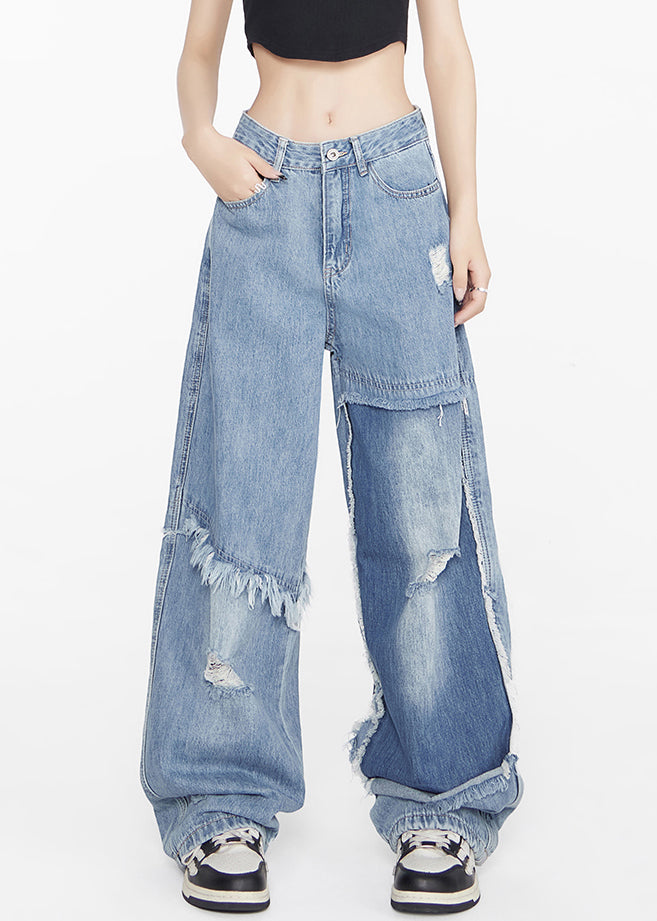 Stylish Blue High Waist Hole Patchwork Denim Pants Spring