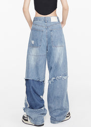 Stylish Blue High Waist Hole Patchwork Denim Pants Spring