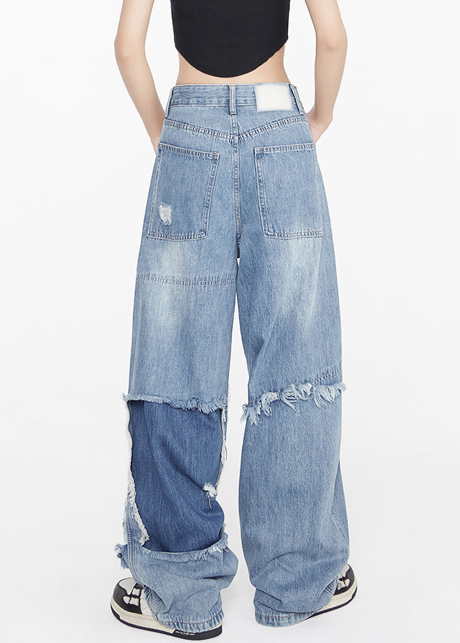 Stylish Blue High Waist Hole Patchwork Denim Pants Spring