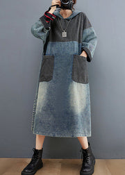 Stylish Blue Hooded Patchwork Pockets Sweatshirt Dress Fall