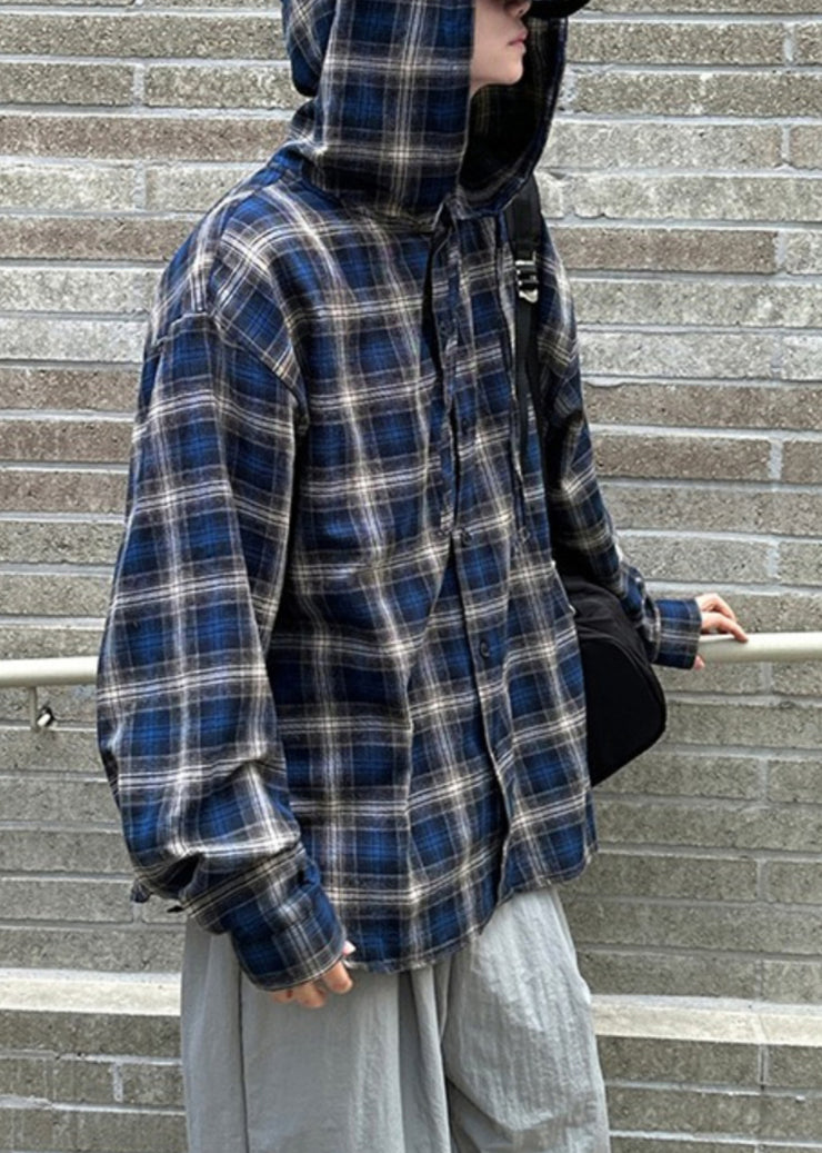 Stylish Blue Hooded Plaid Cotton Men Thin Coat Spring