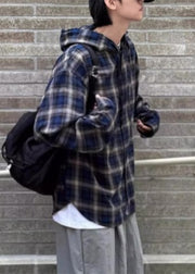 Stylish Blue Hooded Plaid Cotton Men Thin Coat Spring