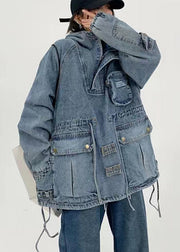 Stylish Blue Hooded Pockets Drawstring Patchwork Denim Top Fall