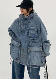 Stylish Blue Hooded Pockets Drawstring Patchwork Denim Top Fall