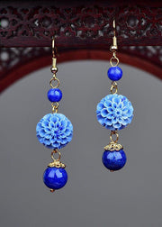 Stylish Blue Jade Floral Tassel Silver Drop Earrings