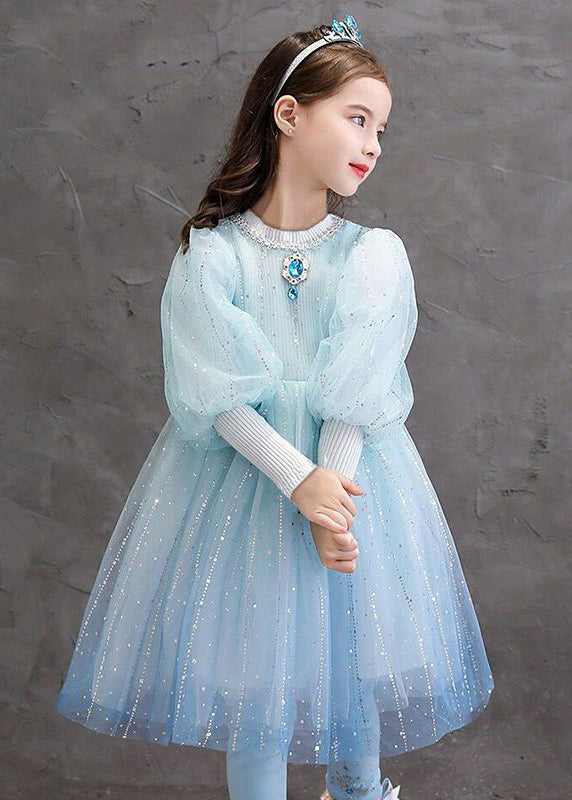 Stylish Blue O Neck Sequins Patchwork Tulle Baby Girls Princess Dress Fall