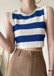 Stylish Blue O Neck Striped Knit Tank Sleeveless