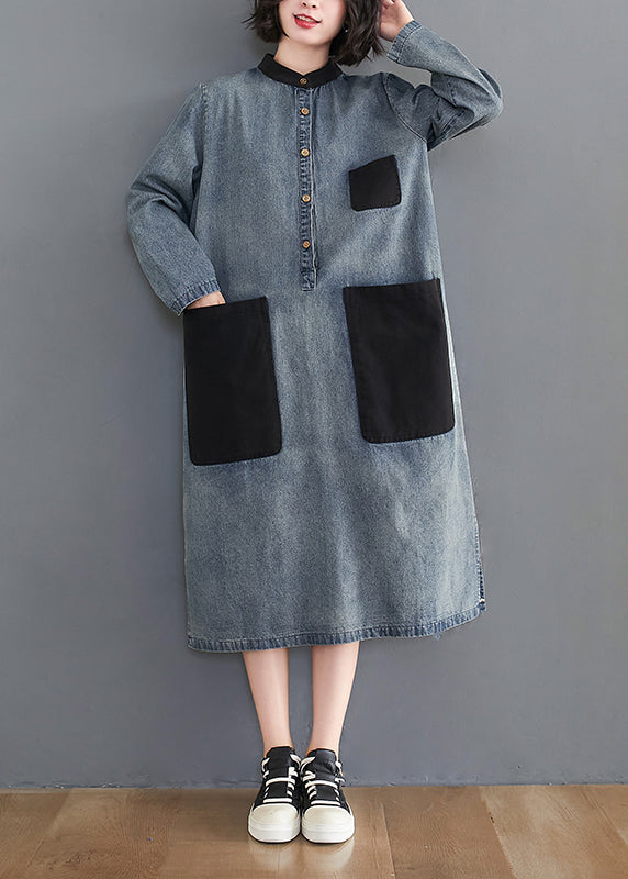 Stylish Blue Oversized Patchwork Pockets Cotton Denim Dresses Spring