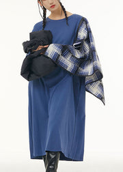 Stylish Blue Oversized Patchwork Shawl Cotton Long Dress Spring