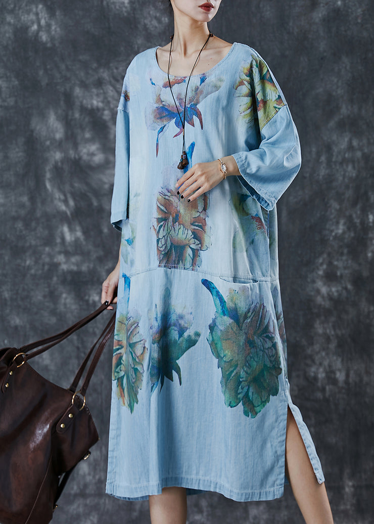 Stylish Blue Oversized Print Denim Robe Dresses Spring