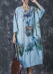 Stylish Blue Oversized Print Denim Robe Dresses Spring