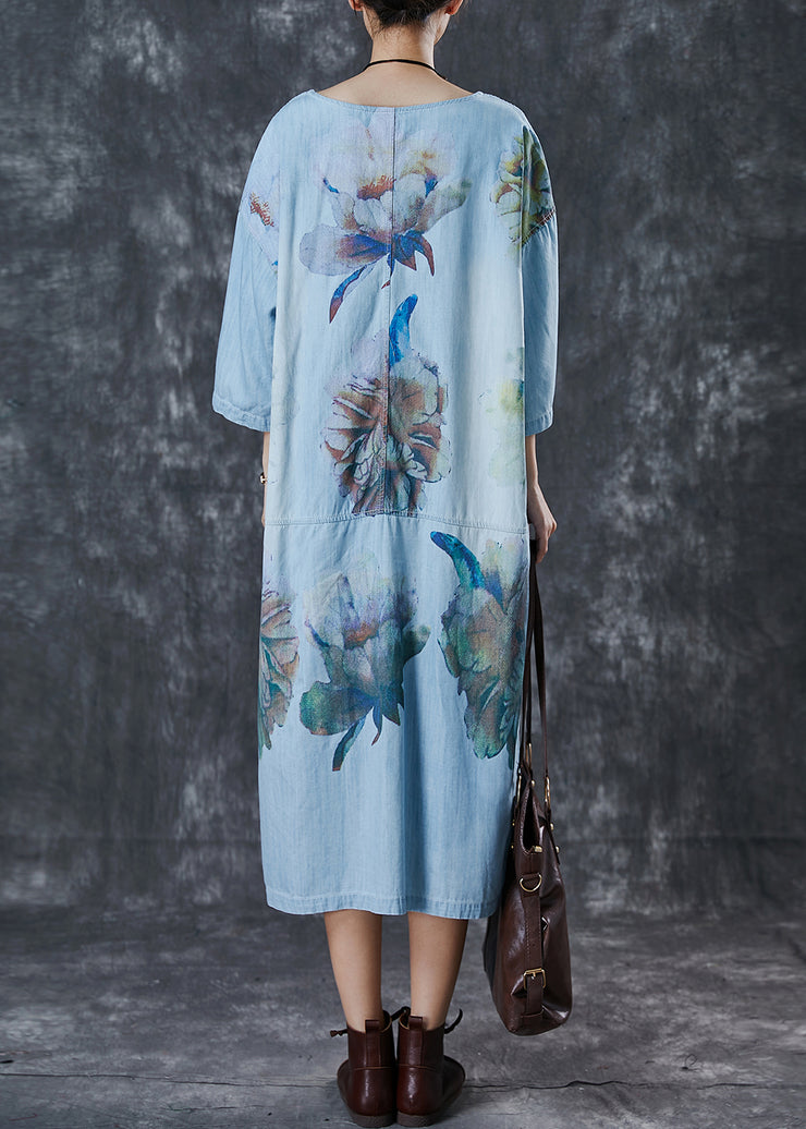 Stylish Blue Oversized Print Denim Robe Dresses Spring