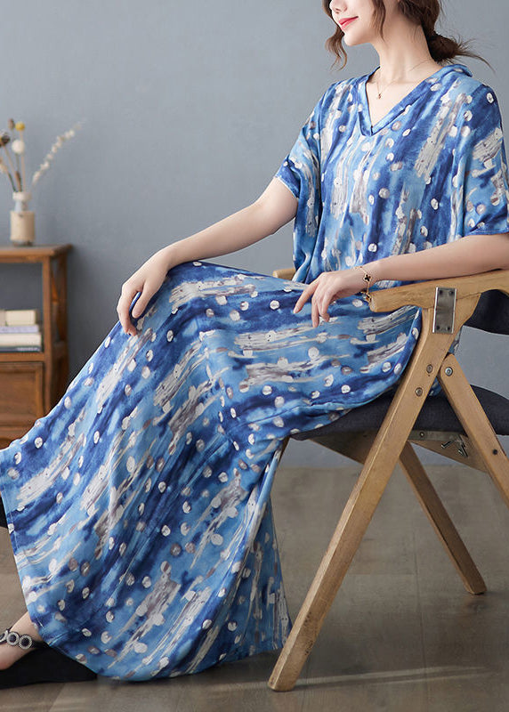 Stylish Blue Oversized Print Linen Holiday Dress Summer