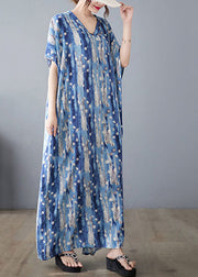 Stylish Blue Oversized Print Linen Holiday Dress Summer