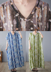 Stylish Blue Oversized Print Linen Holiday Dress Summer