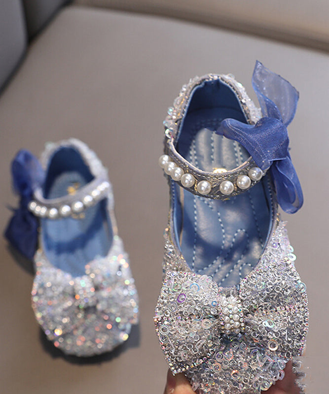 Stylish Blue Pearl Bow Buckle Strap Flat Shoes For Kids