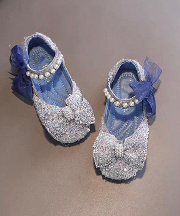 Stylish Blue Pearl Bow Buckle Strap Flat Shoes For Kids