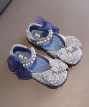 Stylish Blue Pearl Bow Buckle Strap Flat Shoes For Kids