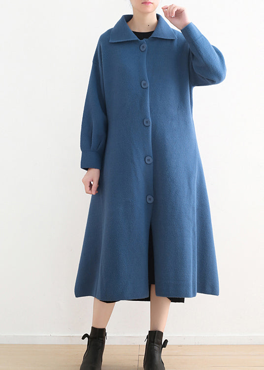 Stylish Blue Peter Pan Collar Button Side Open Wool Knit Coats Winter