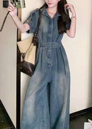 Stylish Blue Peter Pan Collar Tie Waist Denim Jumpsuits Summer