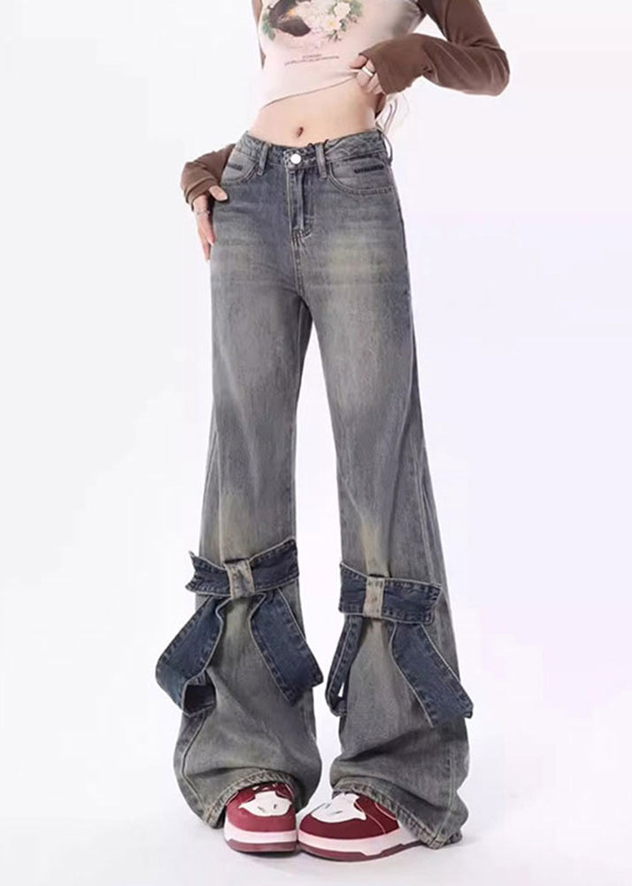 Stylish Blue Pockets High Waist Denim Flared Trousers Spring