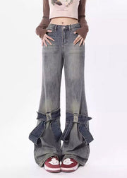 Stylish Blue Pockets High Waist Denim Flared Trousers Spring