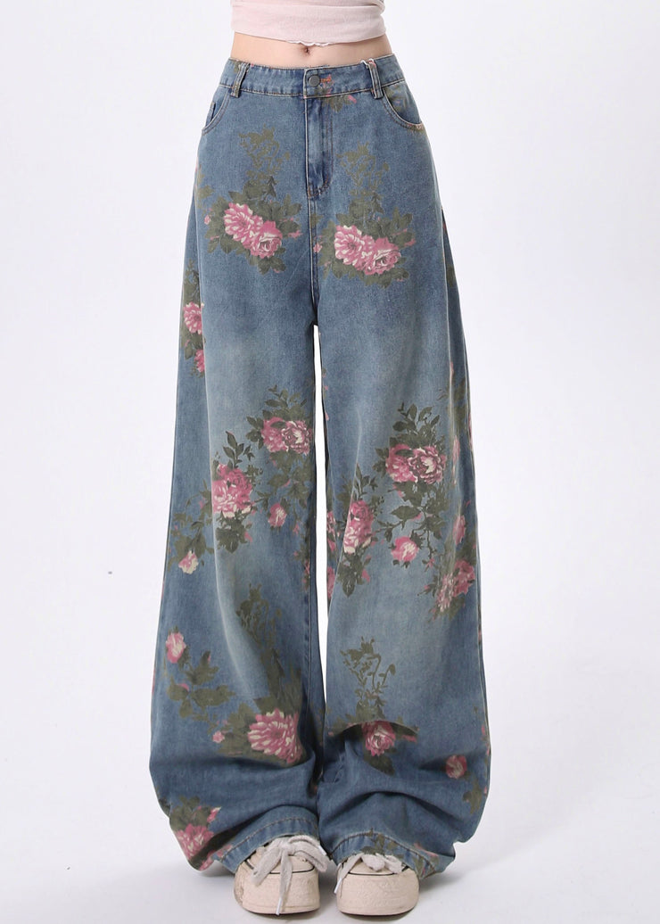 Stylish Blue Pockets Print Denim Straight Pants Spring