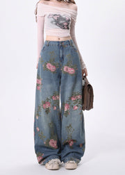 Stylish Blue Pockets Print Denim Straight Pants Spring