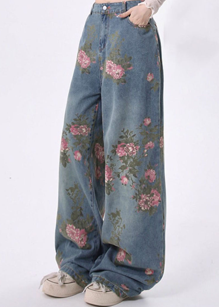 Stylish Blue Pockets Print Denim Straight Pants Spring