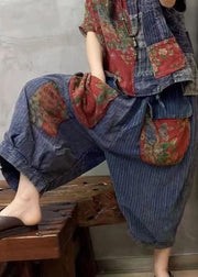 Stylish Blue Pockets Print Elastic Waist Patchwork Linen Harem Pants Summer