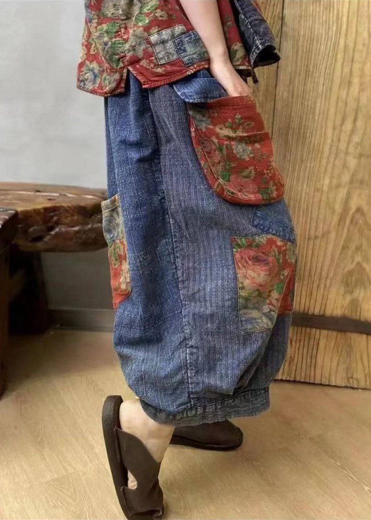 Stylish Blue Pockets Print Elastic Waist Patchwork Linen Harem Pants Summer