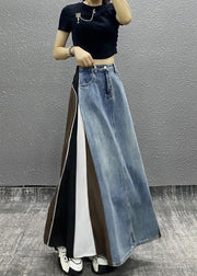 Stylish Blue Pockets Striped Patchwork Denim Skirts Spring