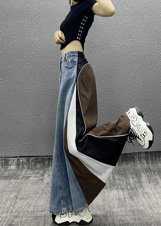 Stylish Blue Pockets Striped Patchwork Denim Skirts Spring