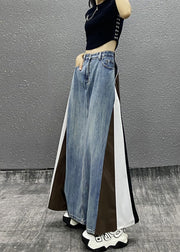 Stylish Blue Pockets Striped Patchwork Denim Skirts Fall