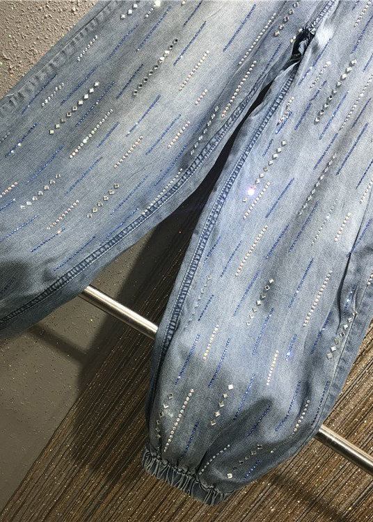 Stylish Blue Pockets Zircon Elastic Waist Denim Pants Summer