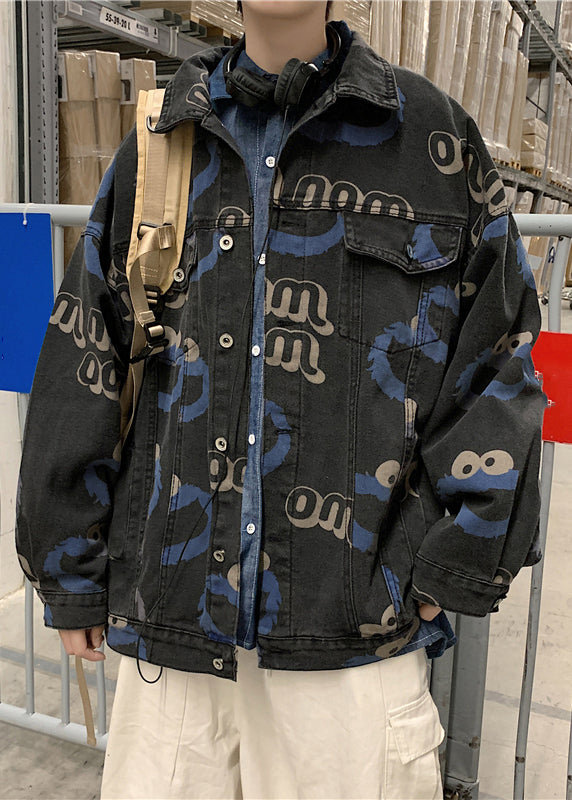 Stylish Blue Print Button Denim Mens Coats Spring