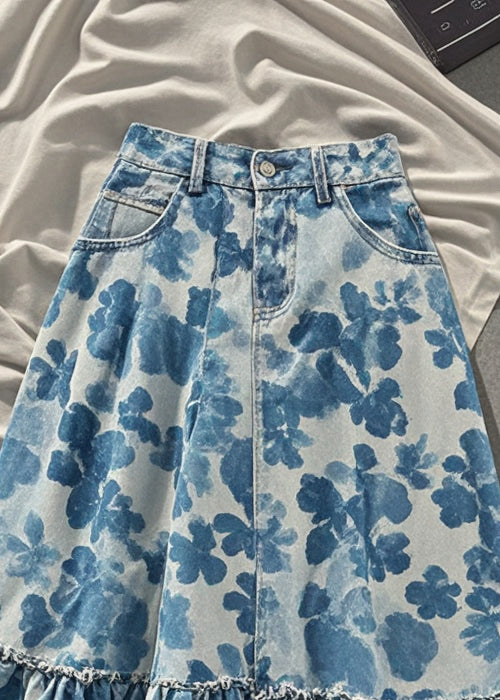 Stylish Blue Print Patchwork Lace Denim Skirts Fall