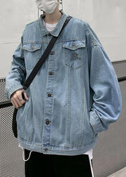 Stylish Blue Print Pockets Denim Men Coat Spring