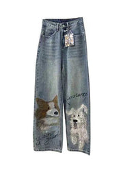 Stylish Blue Puppy Doodle Pockets Denim Straight Pants Spring